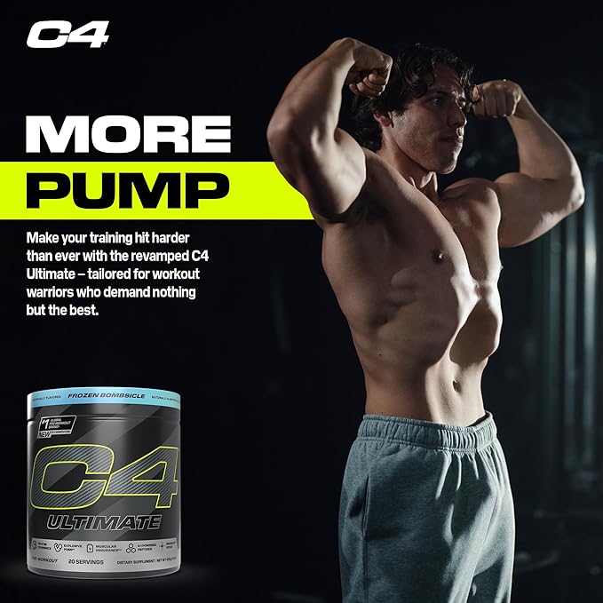 Cellucor C4 Ultimate Pre Workout Powder - Sugar Free Preworkout Energy Supplement for Men & Women - 300mg Caffeine + TeaCrine + Dynamine + Creatine - ICY Blue Razz, 20 Servings