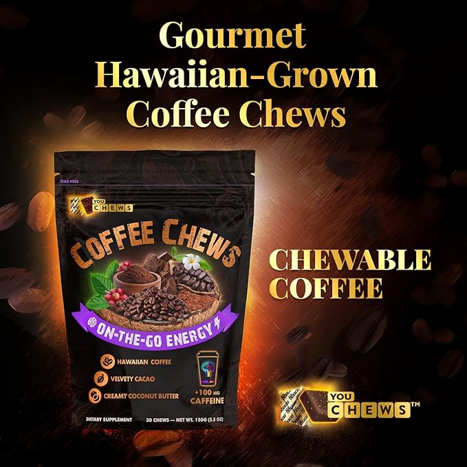 YouChews Caffeine Chew - 100mg Caffeine from Guarana Seed & Kona Coffee - Natural Ingredients, Low Sugar, Long Lasting Energy Supplement for Workouts, Running & Gaming (30 Chews)