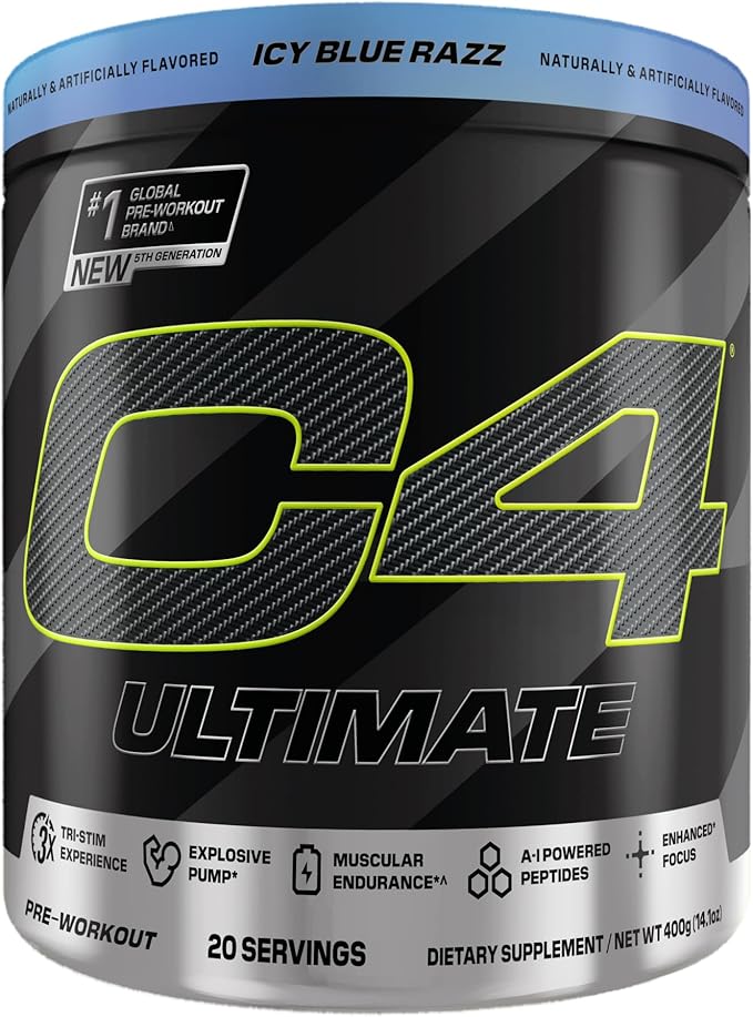 Cellucor C4 Ultimate Pre Workout Powder - Sugar Free Preworkout Energy Supplement for Men & Women - 300mg Caffeine + TeaCrine + Dynamine + Creatine - ICY Blue Razz, 20 Servings