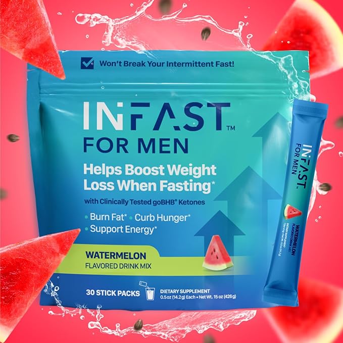 Real Ketones Intermittent Fasting Drink Mix for Men BHB Exogenous Ketones Powder with Fasting Electrolytes & Green Coffee Bean Extract for Sustainable Hydration Energy and Focus (Watermelon) - 30ct