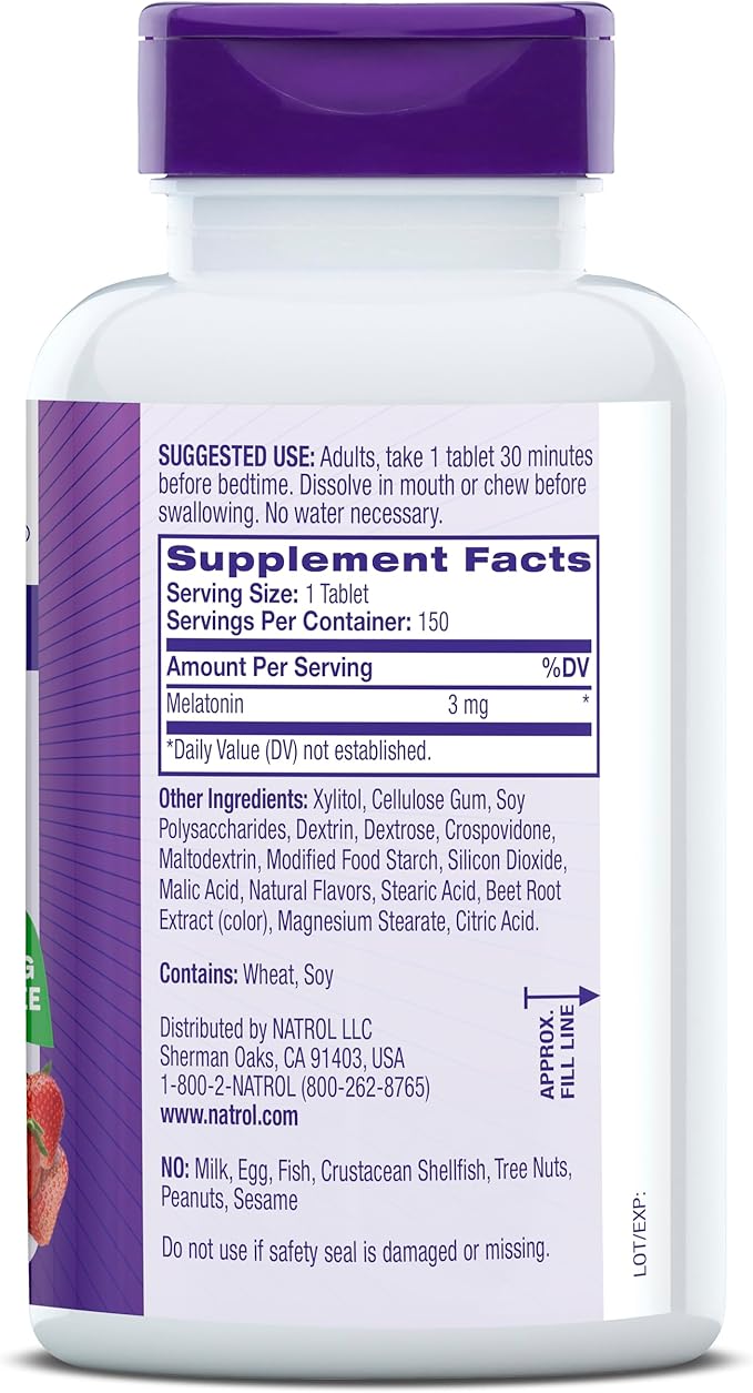 Natrol Fast Dissolve Melatonin 3 mg, Melatonin Supplements for Restful Sleep, Sleep Support for Adults, 150 Strawberry-Flavored Tablets, Up to a 150 Day Supply