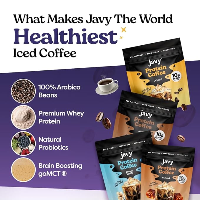 Javy French Vanilla Protein Coffee - Premium Whey Protein & Instant Iced Coffee - 100% Arabica Coffee - Zero Artificial Flavors & Sweeteners, 6 Servings