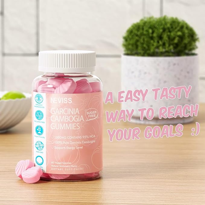 Sugar Free Garcinia Cambogia Gummies 1000mg 95% HCA Pure Extract with L-Carnitine, Raspberry Ketone, Chromium, Green Coffee Bean for Metabolism, 100% Organic Extract, Vegan, Strawberry Flavor 60 Cts
