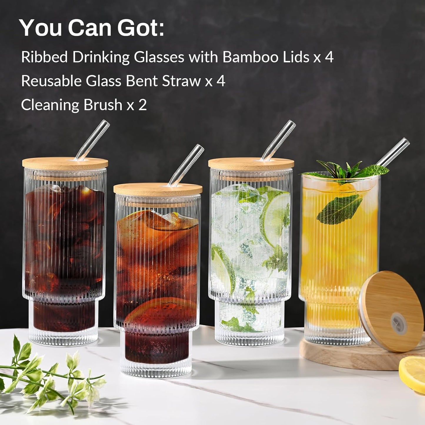 16OZ Ribbed Glass Cups with Lids and Straws,Iced Coffee Cups with Bamboo Lid,Vintage Glassware for Whiskey Cocktail Beer Fruit Juice Glasses Tumbler(6 Pack)