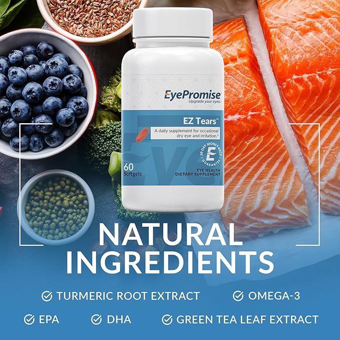 EyePromise Ez Tears Eye Vitamin – Occasional Eye Irritation Supplement - Omega-3s and 8 Other Soothing Ingredients - for Irritation, Dryness, Itching, Redness