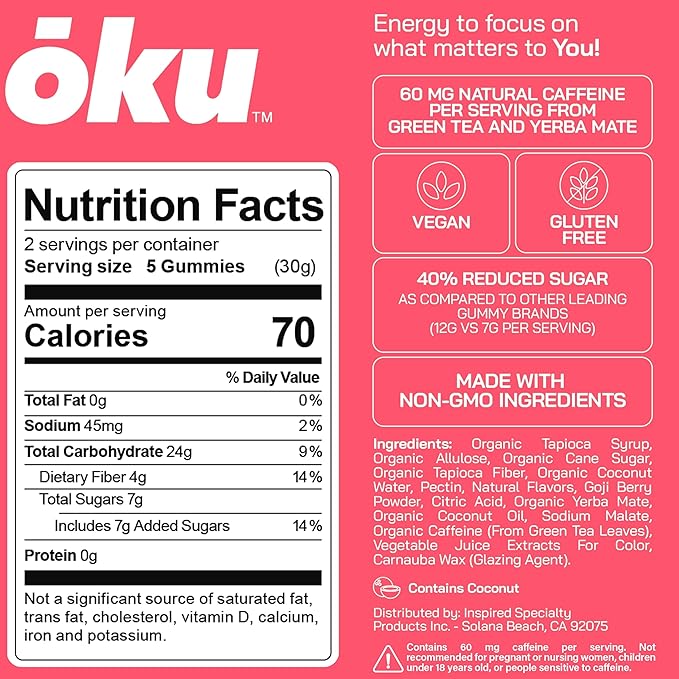 ōku Conscious Energy Gummy Snacks – Natural Caffeine from Green Tea & Yerba Mate, Vegan, Clean Ingredients, Gluten-Free, Focused Energy, Antioxidants & Fiber, Strawberry Pack of 12