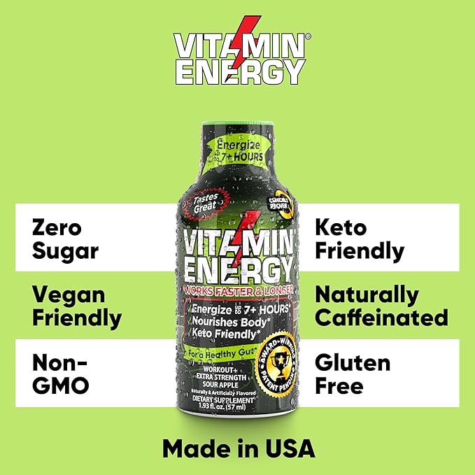 Vitamin Energy Pre Workout Drink - Keto Friendly Sugar Free Shots | Natural Clean Green Tea Caffeine with Proprietary Endurance Blend | Energize up to 7+ Hours - Sour Apple - 1.93 Fl Oz (Pack of 12)