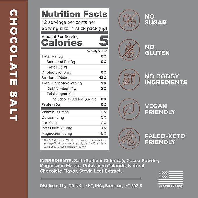 LMNT Zero Sugar Hot Chocolate or Coffee Mixer - Chocolate Salt | Drink Mix | 12-Count