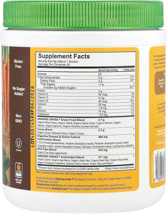 Amazing Grass Greens Superfood Powder: Greens Powder with Digestive Enzymes & Probiotics, Organic Spirulina, Chlorella, and Beet Root Powder, Chocolate, 30 Servings
