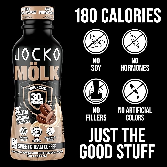 Jocko Mölk 30g Grass Fed Protein Shakes – No Added Sugar Protein Drinks KETO Friendly - Ready to Drink 12 FL Oz (Pack of 12) Sweet Cream Coffee