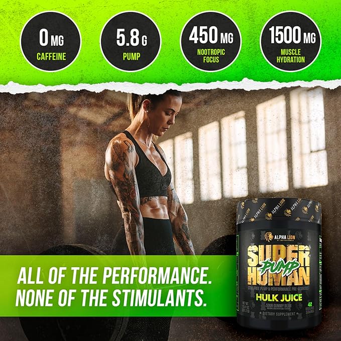 ALPHA LION Superhuman Pump Pre Workout Powder, Nootropic Caffeine & Stim Free Preworkout Supplement, Nitric Oxide Booster, Muscle Gainer, Energy & Focus (42 Servings, Hulk Juice Flavor)