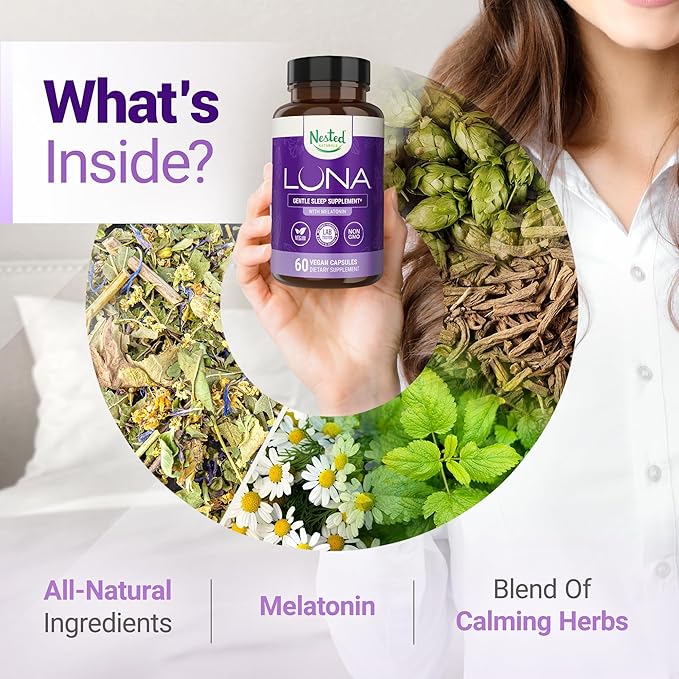 Nested Naturals Luna Sleep Aid - Non-Habit Forming Natural Sleeping Pills for Adults with Naturally Sourced Ingredients - Valerian Root, Melatonin, Chamomile, Lemon Balm, and More - 60 Vegan Capsules-HarmonyPath Wellness