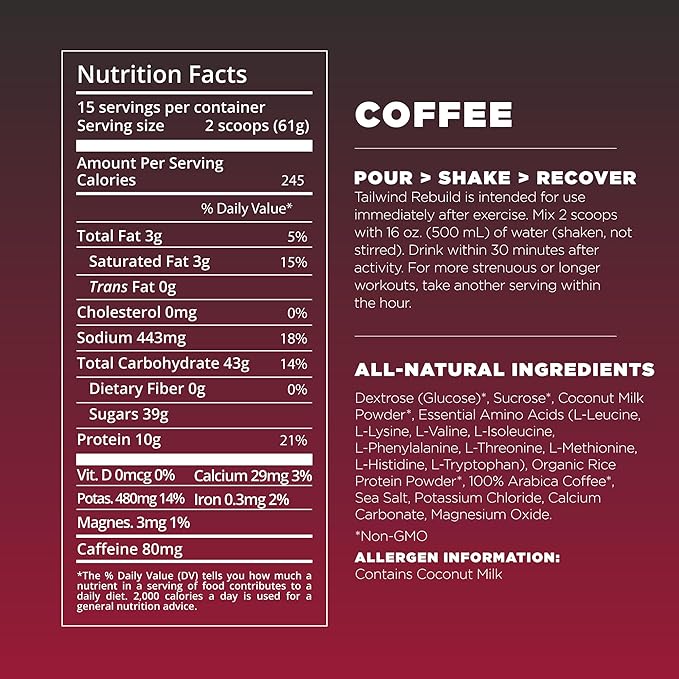 Tailwind Nutrition Recovery Mix, Complete Protein, Carbohydrates, and Electrolytes Powder Drink Mix for Post-Workout, Free of Gluten, Soy, and Dairy, Vegan, 15 Servings, Coffee
