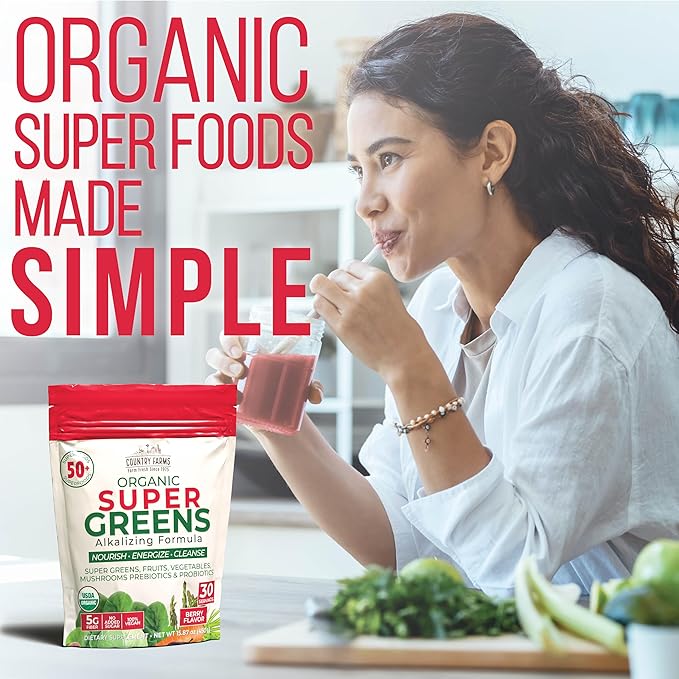 COUNTRY FARMS Super Greens Berry Flavor, 50 Organic Super Foods, USDA Organic Drink Mix (Wheat Grass, Spirulina, Chlorella) Mushrooms & Probiotics, with Fiber, Gut Health, Natural Energy, 30 Servings
