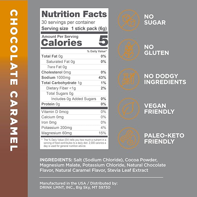 LMNT Zero Sugar Hot Chocolate or Coffee Mixer - Chocolate Caramel Salt | Drink Mix | 30-Count