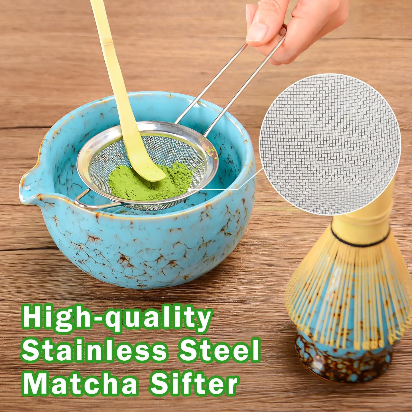 MONOJOY Matcha Whisk Set Ceramic Bowl with Spout Includes Chasen and Holder, Bamboo Scoop, Sifter Kit, Ceremonial Matcha Tea Cute Making Tool Gift Perfect for Matcha Latte Lovers | Beginners, 5pcs