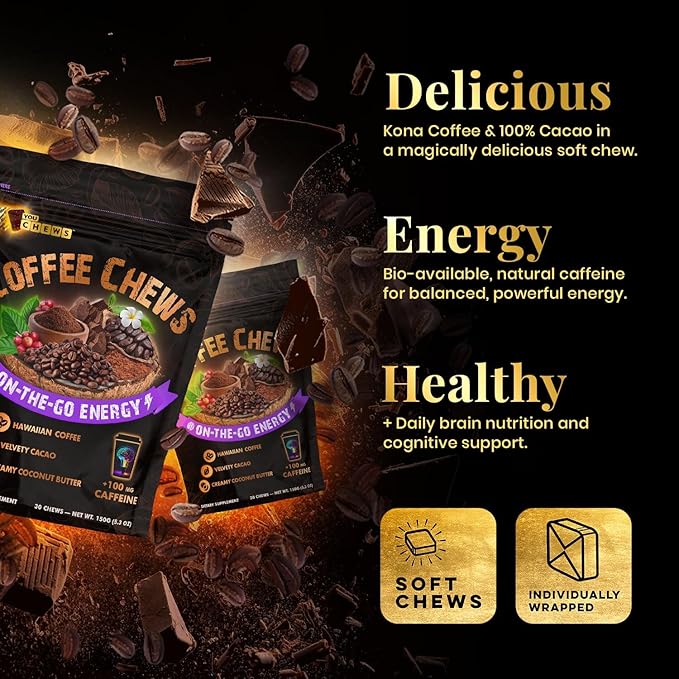 YouChews Caffeine Chew - 100mg Caffeine from Guarana Seed & Kona Coffee - Natural Ingredients, Low Sugar, Long Lasting Energy Supplement for Workouts, Running & Gaming (30 Chews)