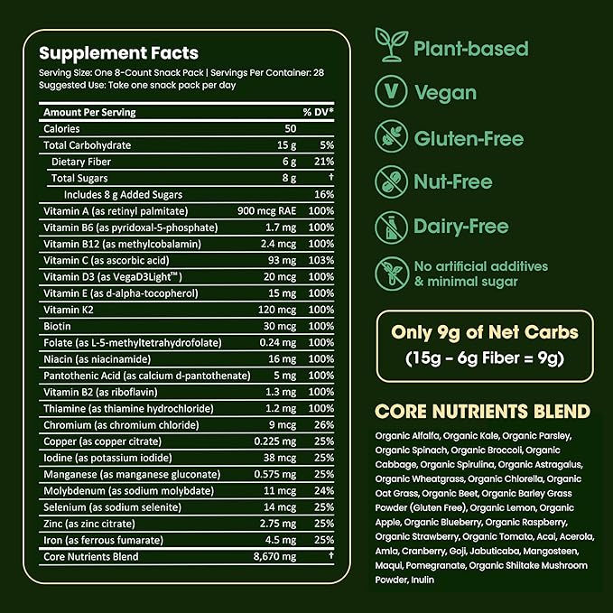 Super Greens Gummies: Organic Spirulina and Chlorella, Prebiotics for Digestive Health, 20+ Vitamins and Minerals, Adaptogens, 14 Day Supply (112 Count)