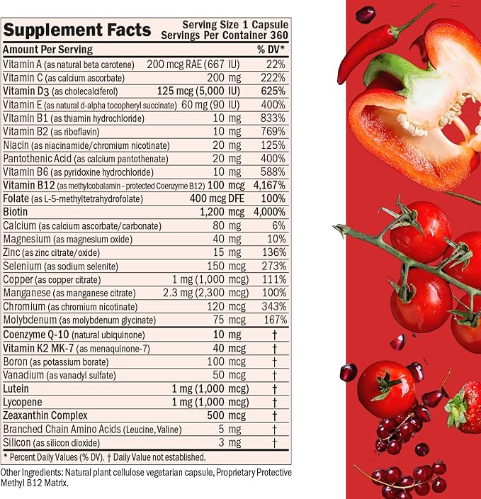 ANDREW LESSMAN Essential-1 Multivitamin 5000 IU Vitamin D3 60 Small Capsules – 100 mcg Methyl B12. CoQ10 Lutein Lycopene Zeaxanthin. High Potency. No Additives. Gentle Ultra-Mild. One Daily Capsule
