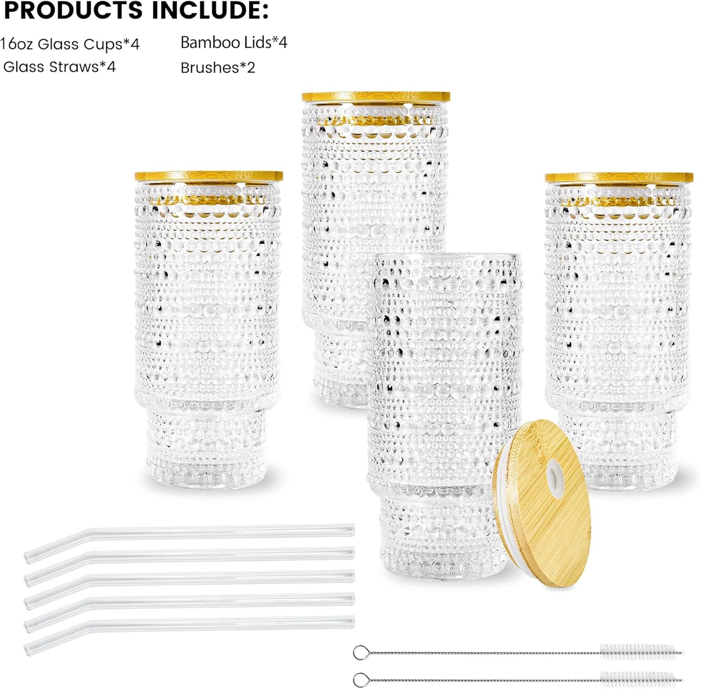 4 Pcs 16 oz Glasses Cups Set with Bamboo Lids Straws Brush Hobnail Glassware Set for Juice Iced Coffee Beer and Cocktail Whiskey
