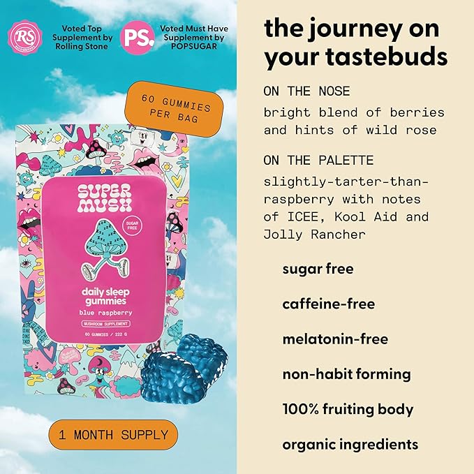SuperMush Sleep Gummies for Adults - Mushroom Supplement with Magnesium Citrate, L-Theanine, Chaga, Reishi & Chamomile for Deep Sleep, REM & Detox - Vegan & Sugar-Free - 60 Gummies (30 Servings)
