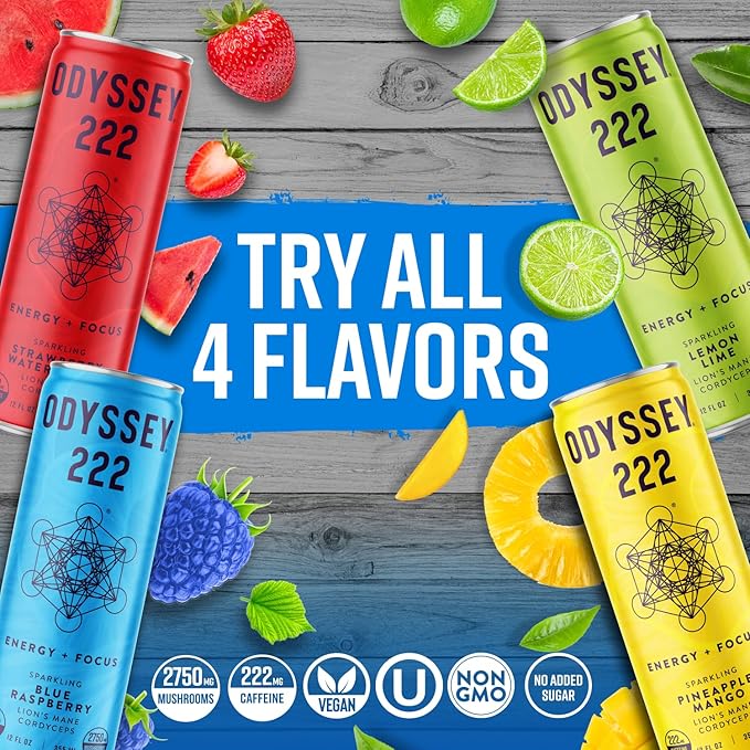 Odyssey 222 Energy Drink, Pre Workout, 222mg Caffeine, Clean Energy Drinks, L Theanine, Lions Mane, Cordyceps & Green Tea for Energy, Focus & Mood Boost, Low Calorie, Blue Raspberry, 12 Fl oz, 12 Pack