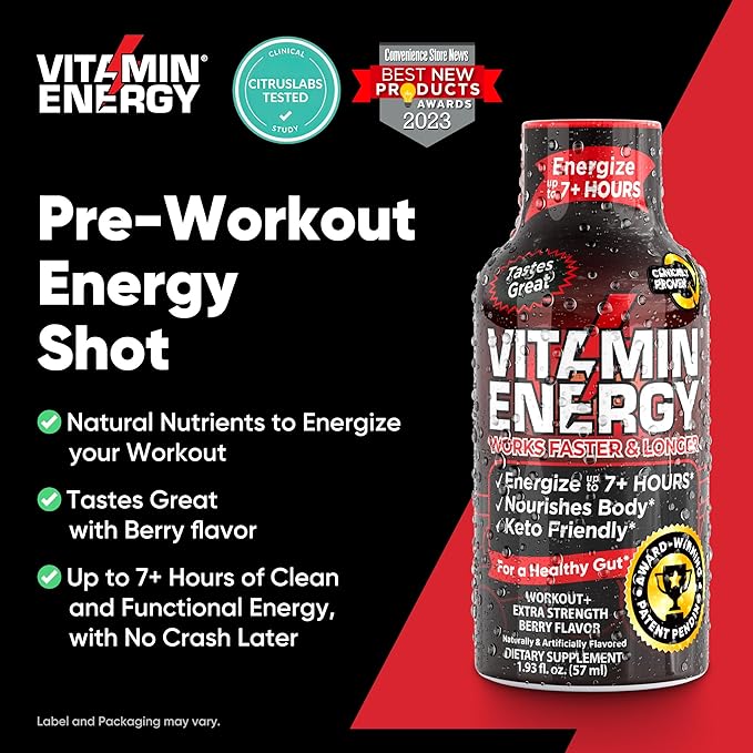 Pre Workout Vitamin Energy Drink - Keto Friendly Sugar Free Shots | Natural Clean Green Tea Caffeine with Proprietary Endurance Blend | Energize up to 7+ Hours - Berry - 1.93 Fl Oz (Pack of 12)