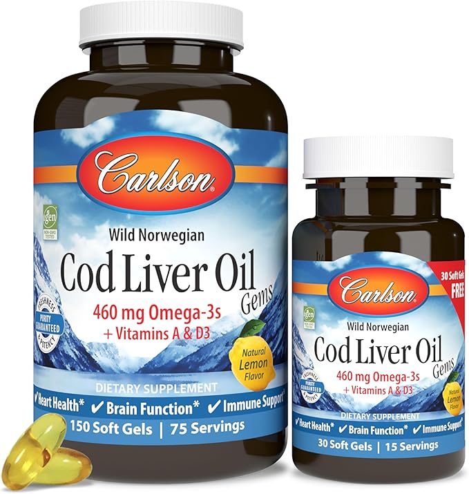 Carlson - Cod Liver Oil Gems, 460 mg Omega-3s, Plus Vitamins A and D3, Wild Caught Norwegian Arctic Cod Liver Oil, Sustainably Sourced Nordic Fish Oil Capsules, Lemon, 150 + 30 Softgels