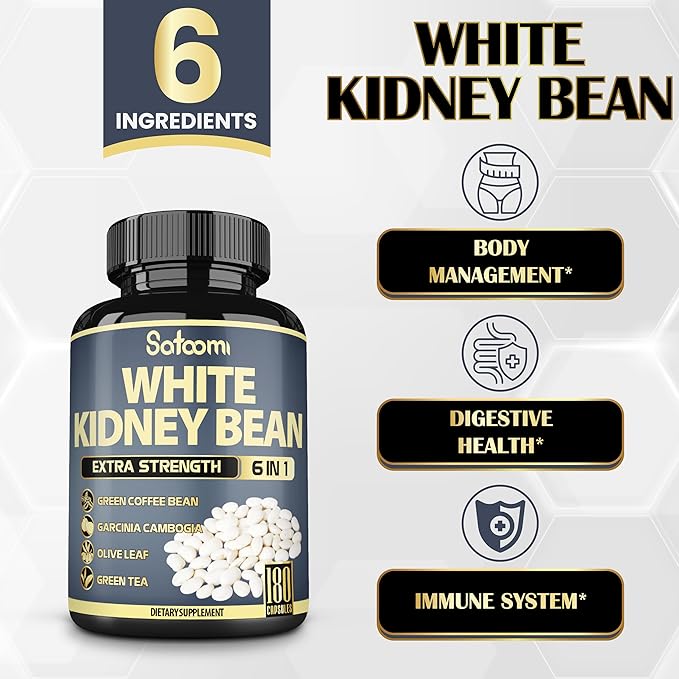 Satoomi 6in1 White Kidney Bean Extract Capsules - 6 Month Supply - Extra Blend with Olive Leaf, Green Coffee Bean & Green Tea - 180 Counts