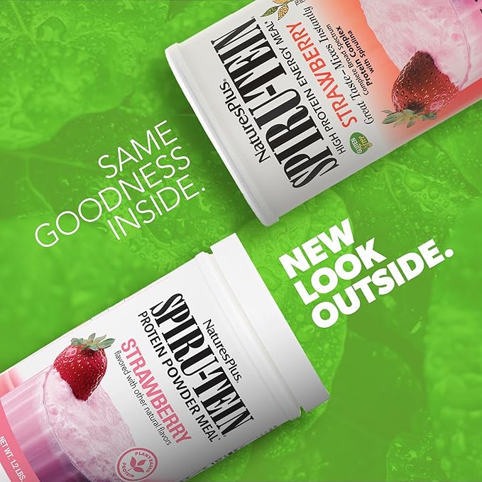 Natures Plus SPIRU-TEIN, Strawberry - 1.2 lbs, Pack of 2 - Plant-Based Protein Shake - Non-GMO, Vegetarian, Gluten Free - 32 Total Servings