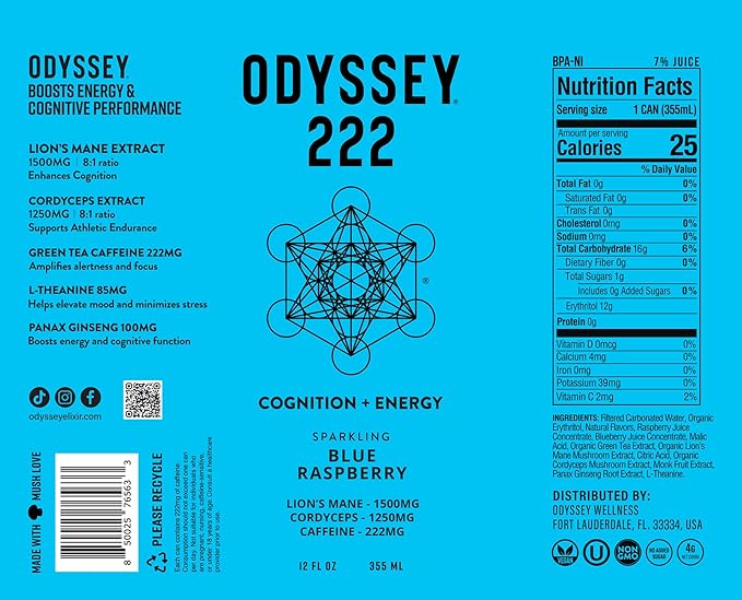 Odyssey 222 Energy Drink, Pre Workout, 222mg Caffeine, Clean Energy Drinks, L Theanine, Lions Mane, Cordyceps & Green Tea for Energy, Focus & Mood Boost, Low Calorie, Blue Raspberry, 12 Fl oz, 12 Pack