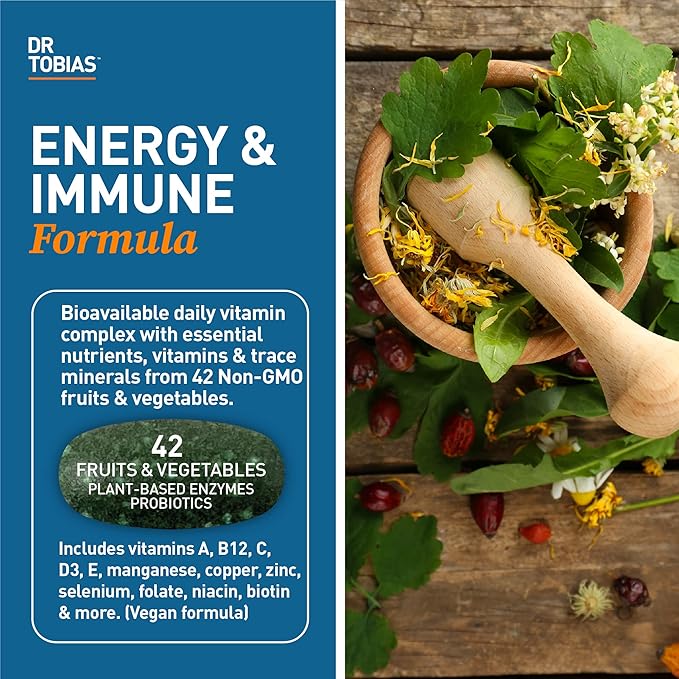 Dr. Tobias Adult Multivitamin for Women & Men, Energy & Immune Support from 42 Fruits & Vegetables Plus Probiotics, Comprehensive Daily Multivitamins for Men & Women, Non-GMO, 90 Tablets, 30 Servings