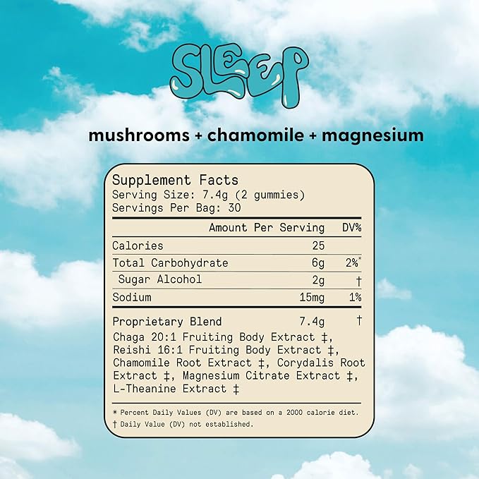 SuperMush Sleep Gummies for Adults - Mushroom Supplement with Magnesium Citrate, L-Theanine, Chaga, Reishi & Chamomile for Deep Sleep, REM & Detox - Vegan & Sugar-Free - 60 Gummies (30 Servings)