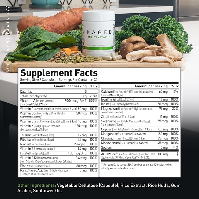 Kaged Multivitamin with Whole Foods | Organic Fruits & Veggies | Plant Based | Vegan Multivitamin for Women and Men | Vitamin C, D, E, B12 | 60 Servings