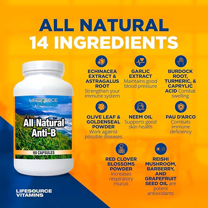 LifeSourceVitamins All Natural Anti-B for Immune Support, 14 All Natural Ingredient with Echinacea & Garlic Extract, 180 Immune Defense Capsules
