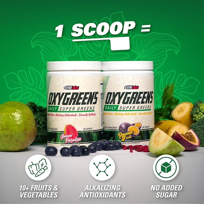EHP Labs OxyGreens Super Greens Powder - Spirulina & Chlorella Superfood, Green Juice Powder & Greens Supplements with Prebiotic Fibre, Antioxidants & Immunity Support, 30 Serves (Passionfruit)