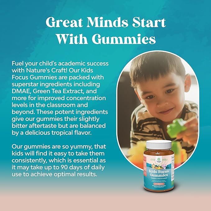 Vegan Brain Focus Gummies for Kids - Kids Focus Supplement with Phosphatidylserine Bacopa Monnieri Green Tea Extract Tyrosine and More Focus Vitamins for Kids Balanced Concentration Energy and Focus