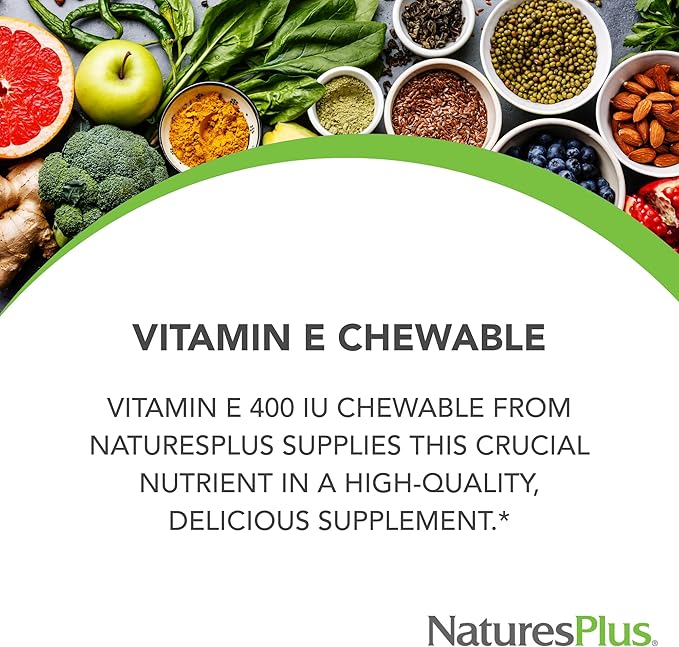 Natures Plus Vitamin E, Natural Carob Flavor - 90 Chewable Tablets, Pack of 2 - Free-Radical Defense & Overall Well-Being - Vegetarian, Gluten Free - 180 Total Servings