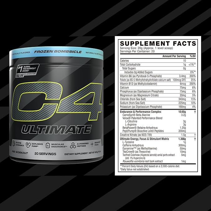 Cellucor C4 Ultimate Pre Workout Powder - Sugar Free Preworkout Energy Supplement for Men & Women - 300mg Caffeine + TeaCrine + Dynamine + Creatine - ICY Blue Razz, 20 Servings