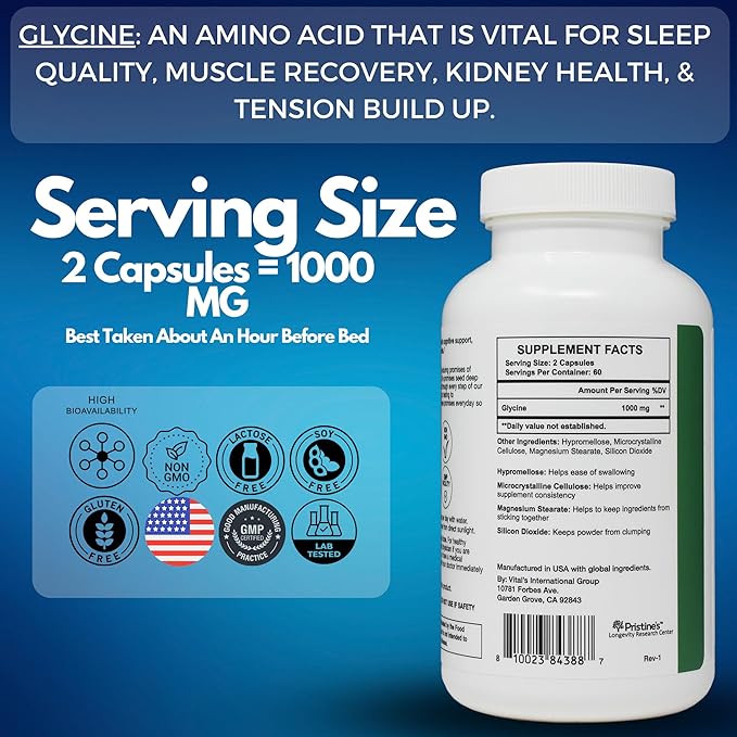 PRISTINE'S Glycine (3 Pack) 1000MG Amino Acid Sleep Support Supplement Capsules - 180 Day Supply - Muscle Recovery, Collagen & Kidney Support Supplement - Vegan, Non GMO, Gluten Free