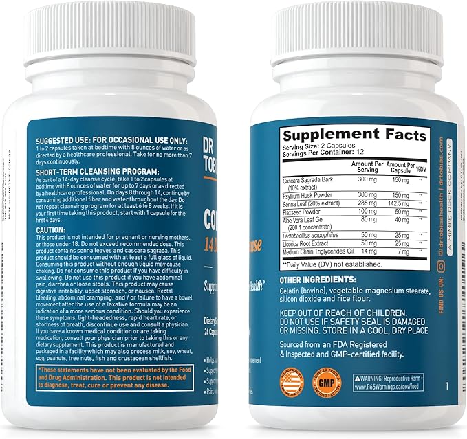 Dr. Tobias Colon 14 Day Cleanse, Advanced Gut Cleanse Detox for Women & Men with Cascara Sagrada, Psyllium Husk, Senna Leaf & Probiotics, Non-GMO Colon Cleanse, 24 Capsules, 1-2 Daily