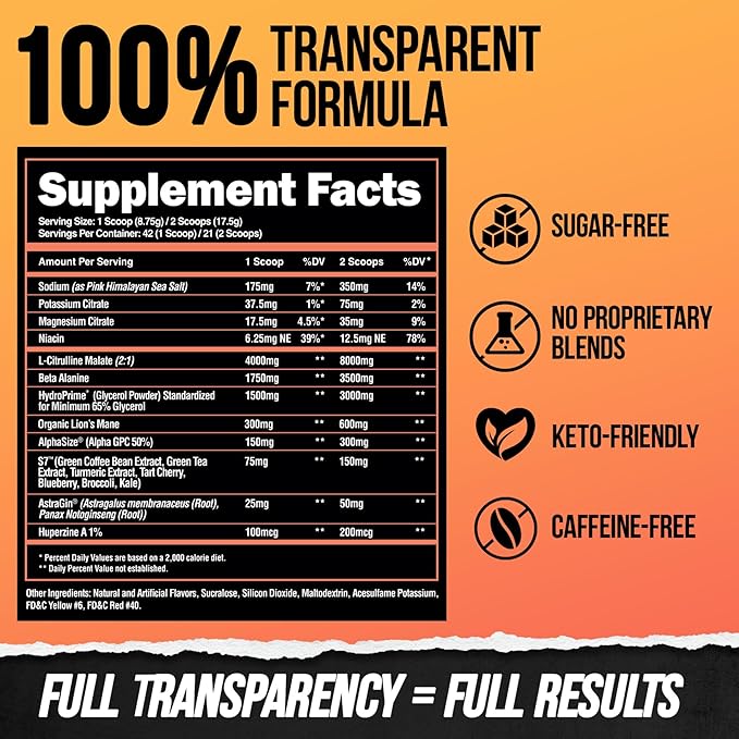 ALPHA LION Superhuman Pump Pre Workout Powder, Nootropic Caffeine & Stim Free Preworkout Supplement, Nitric Oxide Booster, Muscle Gainer, Energy & Focus (42 Servings, Peach Pumps Flavor)