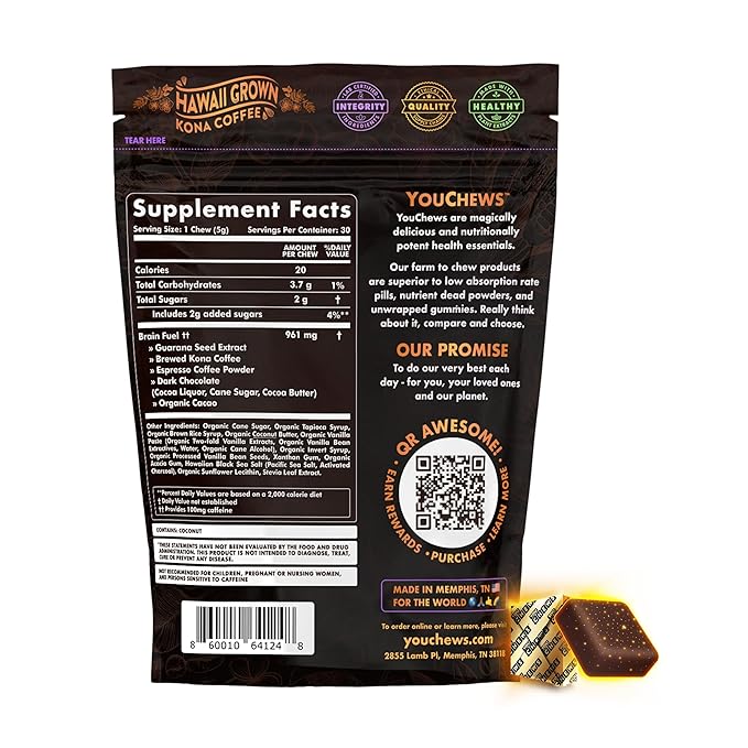YouChews Caffeine Chew - 100mg Caffeine from Guarana Seed & Kona Coffee - Natural Ingredients, Low Sugar, Long Lasting Energy Supplement for Workouts, Running & Gaming (30 Chews)