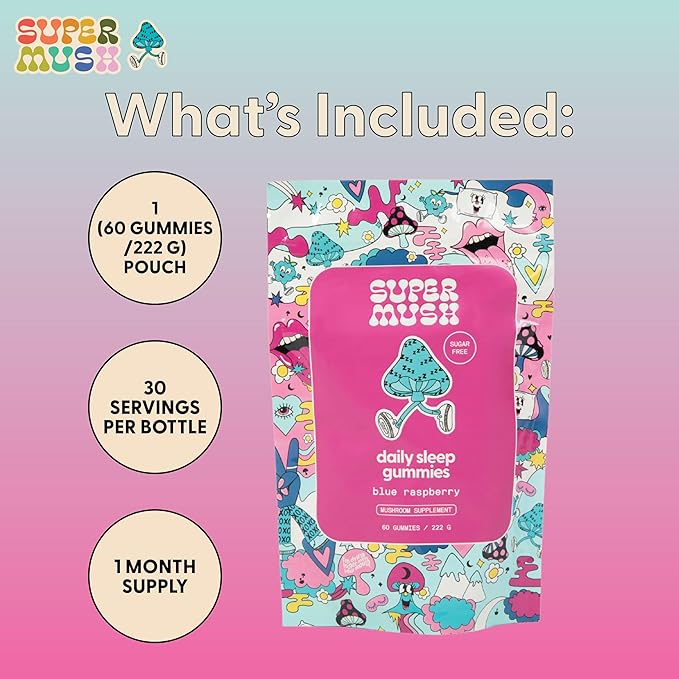 SuperMush Sleep Gummies for Adults - Mushroom Supplement with Magnesium Citrate, L-Theanine, Chaga, Reishi & Chamomile for Deep Sleep, REM & Detox - Vegan & Sugar-Free - 60 Gummies (30 Servings)