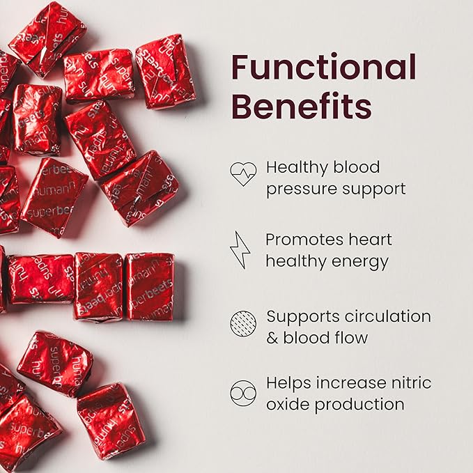 humanN SuperBeets Heart Chews, Nitric Oxide and Blood Pressure Support, Grape Seed Extract & Non-GMO Beet Root Powder Energy Chews, Super Beets Heart Chews, Pomegranate Berry Flavor, 180 Count