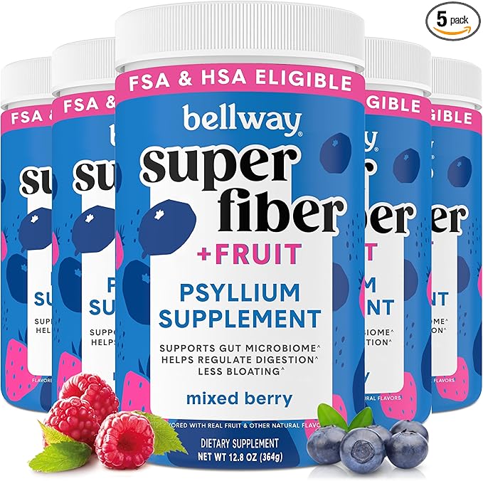 Bellway Super Fiber Powder + Fruit (5 Pack), Sugar Free Organic Psyllium Husk Powder Fiber Supplement for Regularity, Bloating Relief & Gut Health, Non-GMO, Plant-Based, Mixed Berry (250 Servings)