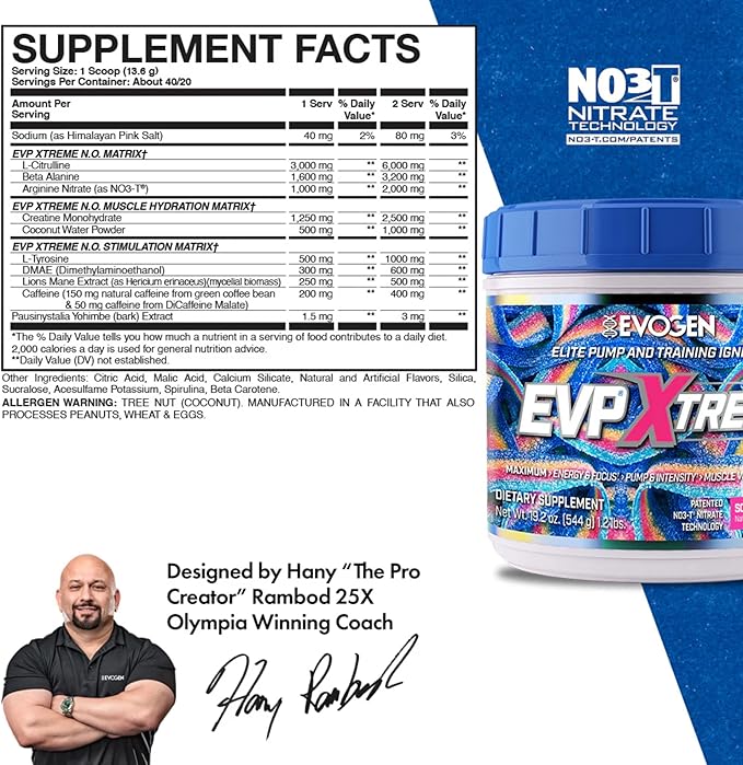 Evogen EVP Xtreme NO - Pre Workout Powder for Men & Women | Sugar Free Preworkout with Beta Alanine, Creatine, and Caffeine for Energy & Pump | Sour Candy | 40 Servings