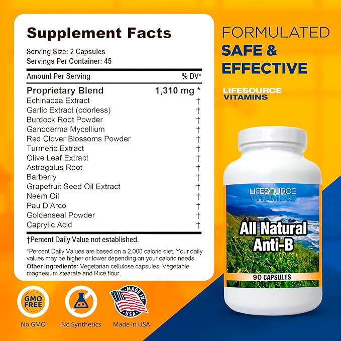 LifeSourceVitamins All Natural Anti-B for Immune Support, 14 All Natural Ingredient with Echinacea & Garlic Extract, 180 Immune Defense Capsules