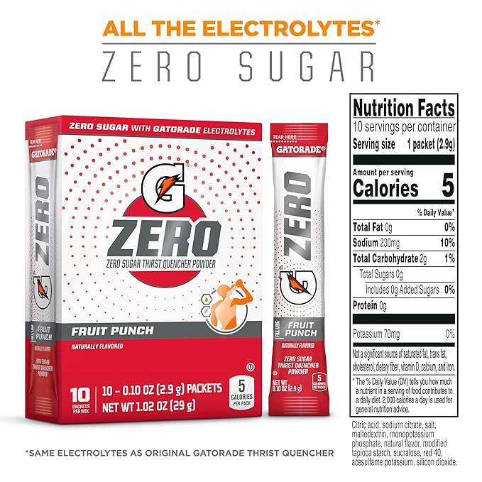 Gatorade G Zero Powder, Fruit Punch, 0.10oz Packets, Makes 20 ounces (120 Pack)