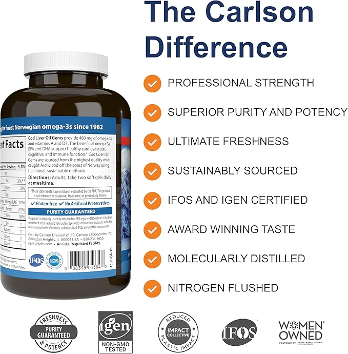 Carlson - Cod Liver Oil Gems, 460 mg Omega-3s, Plus Vitamins A and D3, Wild Caught Norwegian Arctic Cod Liver Oil, Sustainably Sourced Nordic Fish Oil Capsules, Lemon, 150 + 30 Softgels